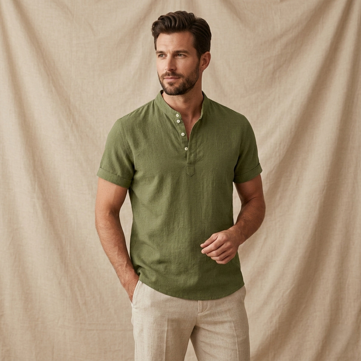Men's Linen Casual Button Up Shirt Soft Light Blue