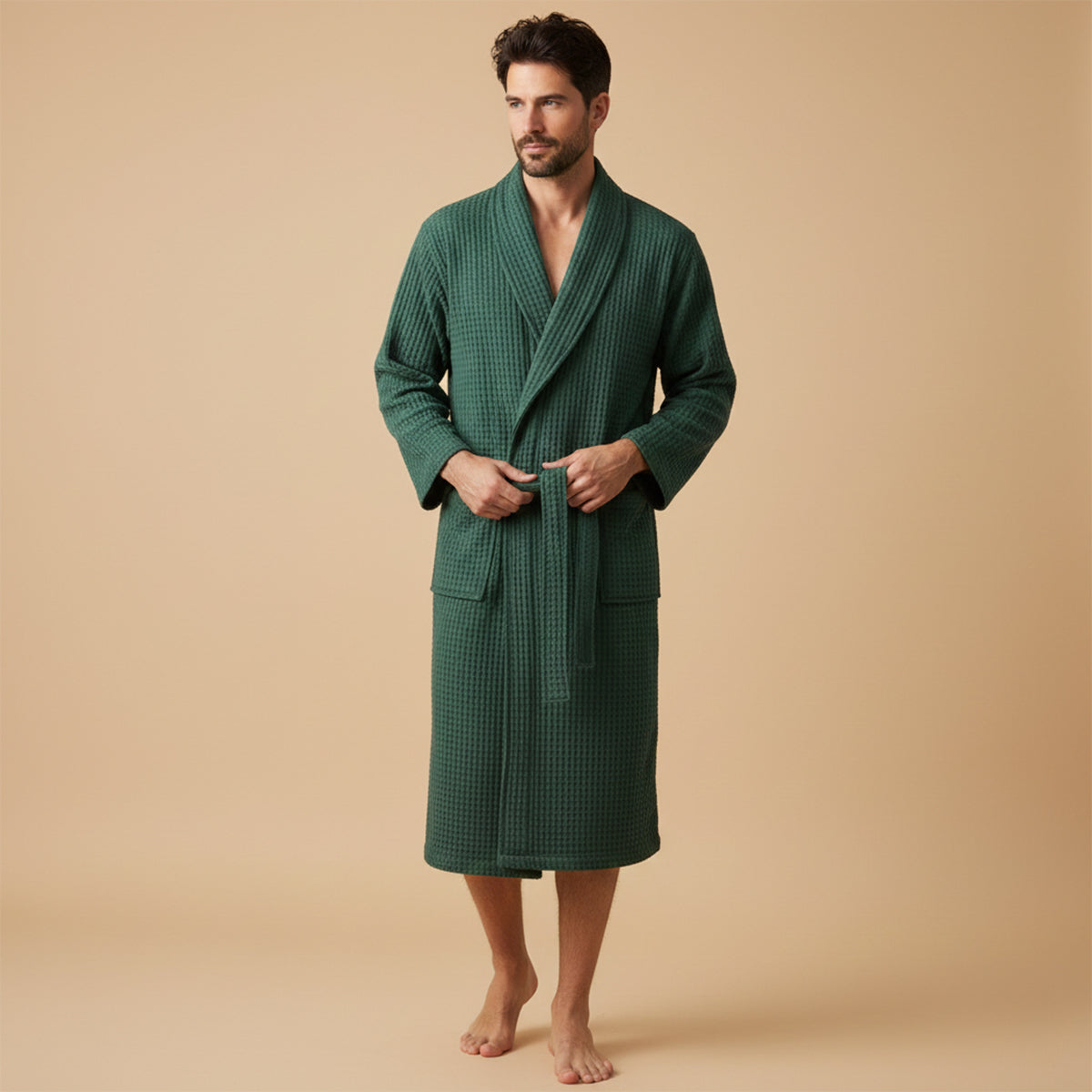 Men's Cotton Waffle Bathrobe Lightweight Beige