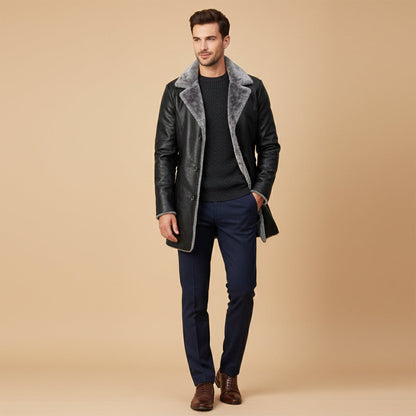 Men's Leather Winter Coat Fur Lined Long Black