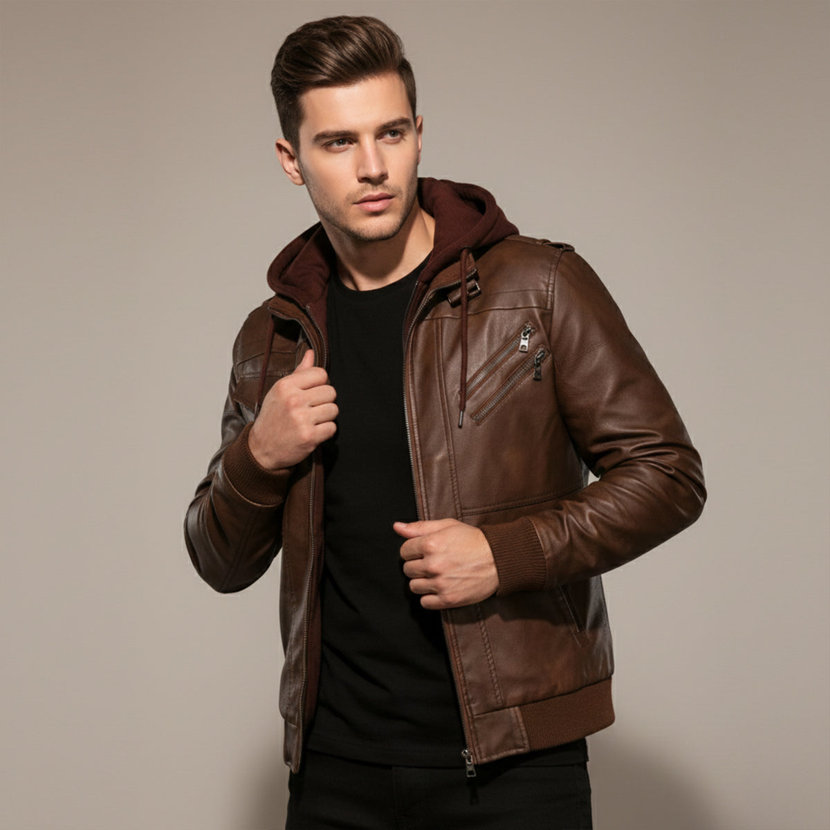 Men's Retro Leather Hooded Jacket With Pockets