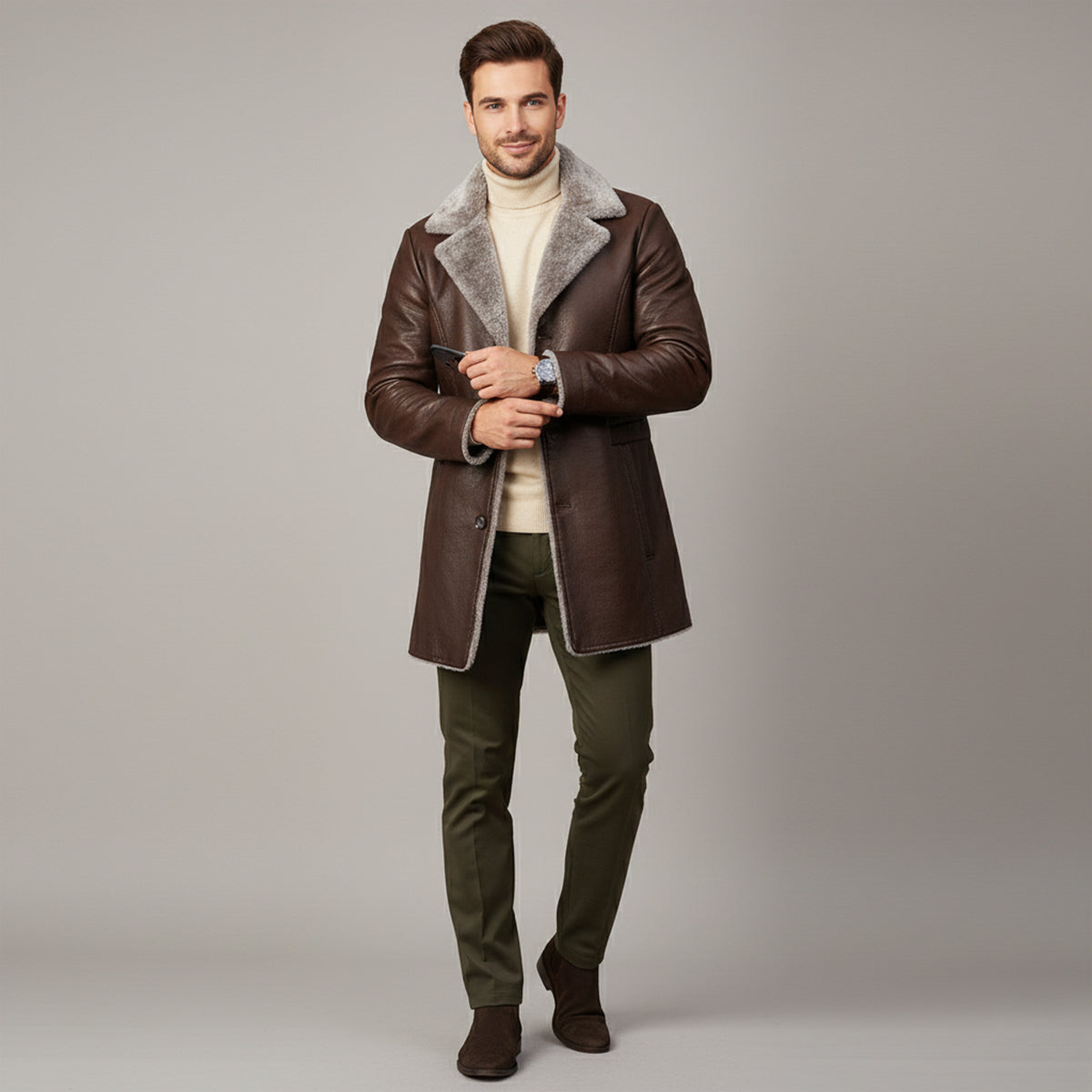 Men's Leather Winter Coat Fur Lined Long Black
