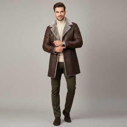 Men's Leather Winter Coat Fur Lined Long Black