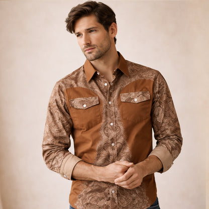 Men's Western Denim Shirt Two Tone Patchwork Retro Style