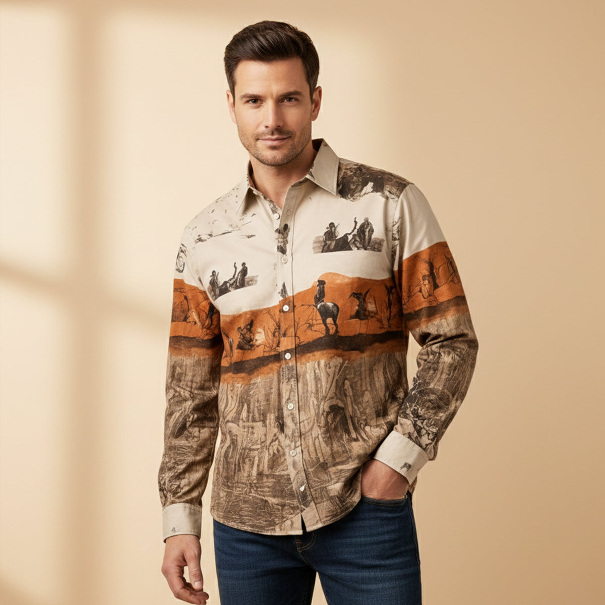 Men's Western Denim Shirt Two Tone Patchwork Blue