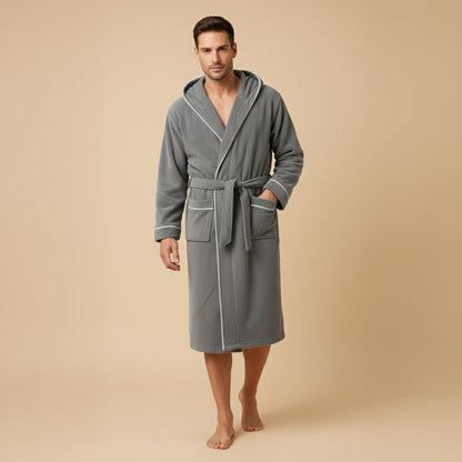 Men's Hooded Fleece Bathrobe With Belt
