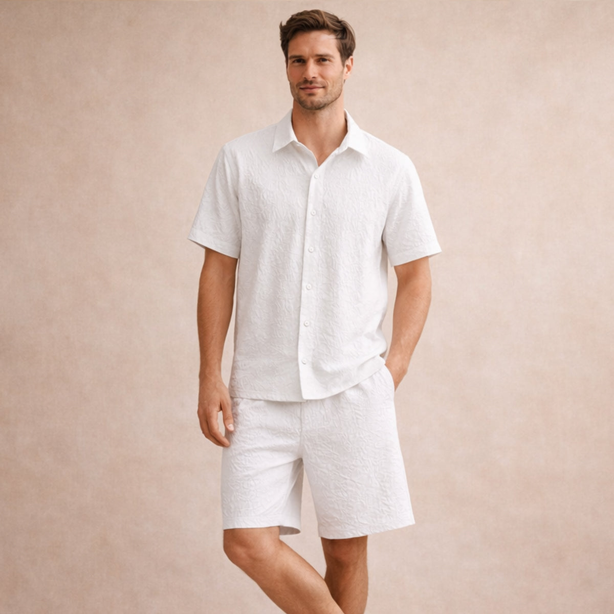 Men's Textured Summer Shirt And Shorts Set