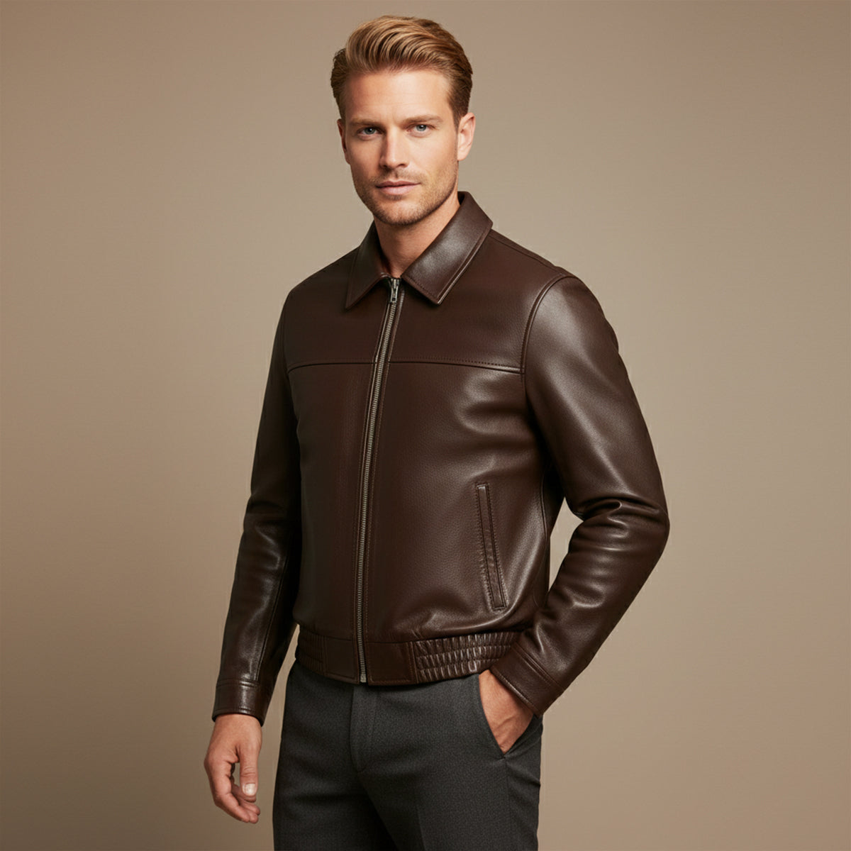Men's Classic Leather Biker Jacket Zip Black