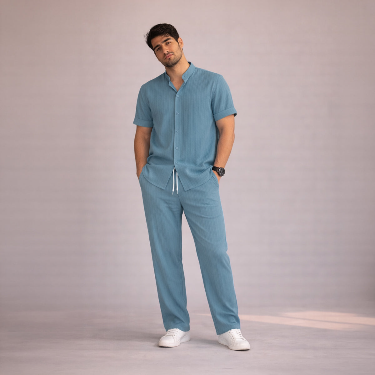 Men's Linen Summer Shirt Pants Set Soft Beige
