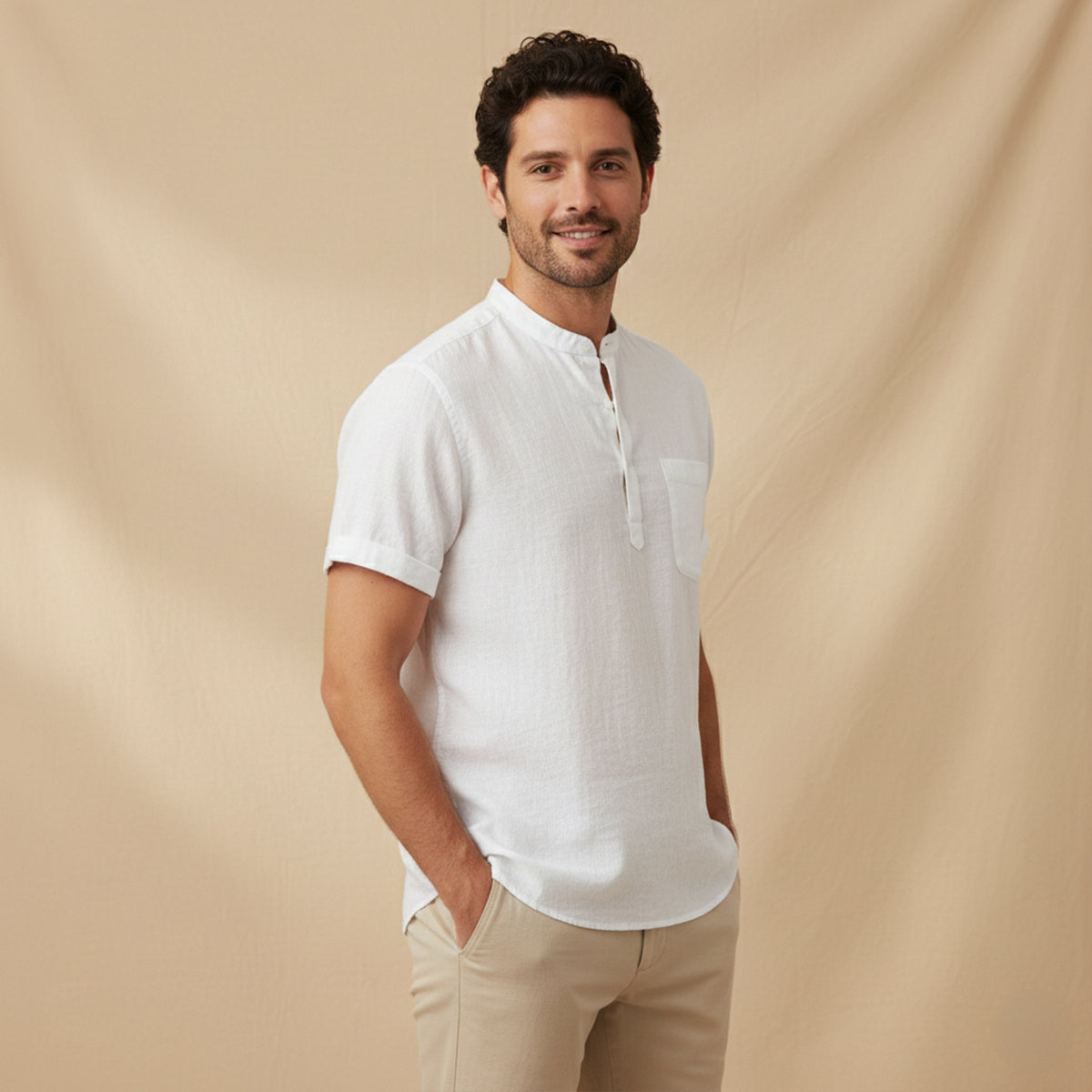 Men's Cotton Linen Henley Shirt Breathable