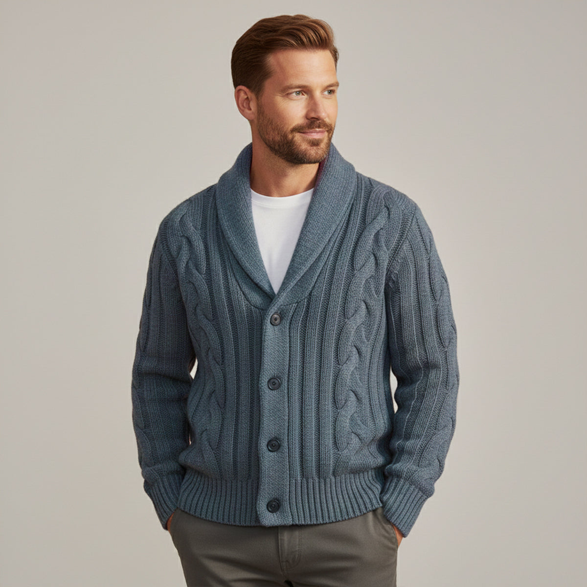 Men's Cable Knit Cardigan Shawl Collar Button Up