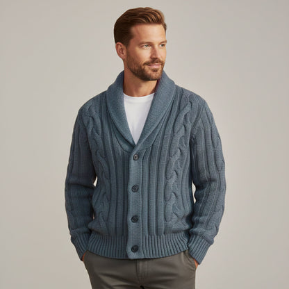Men's Cable Knit Cardigan Shawl Collar Button Up