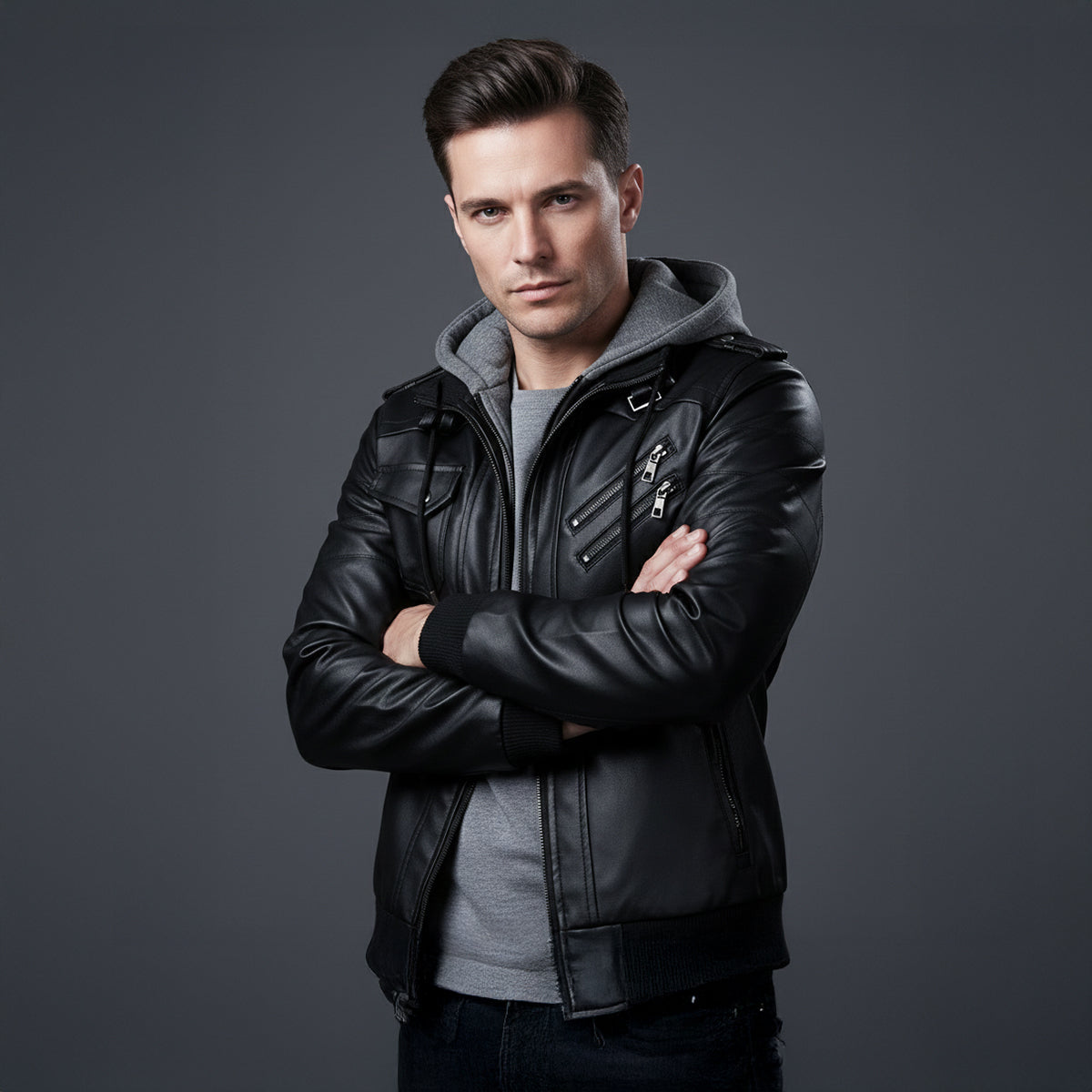 Men's Retro Leather Hooded Jacket With Pockets