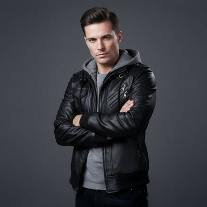 Men's Retro Leather Hooded Jacket With Pockets