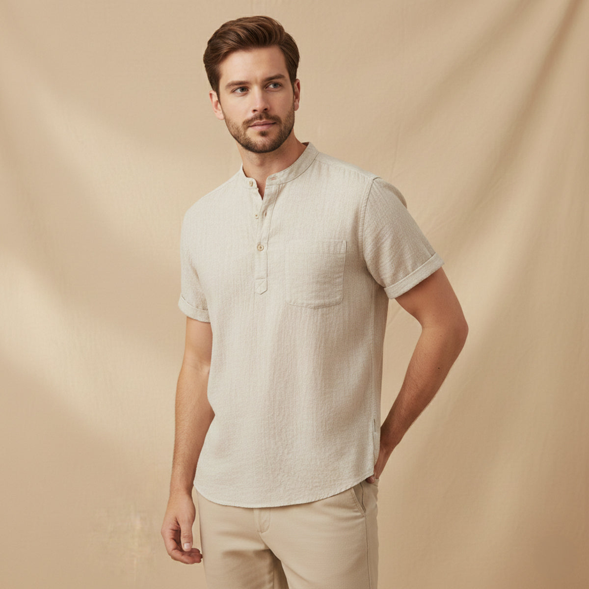 Men's Cotton Linen Henley Shirt Breathable