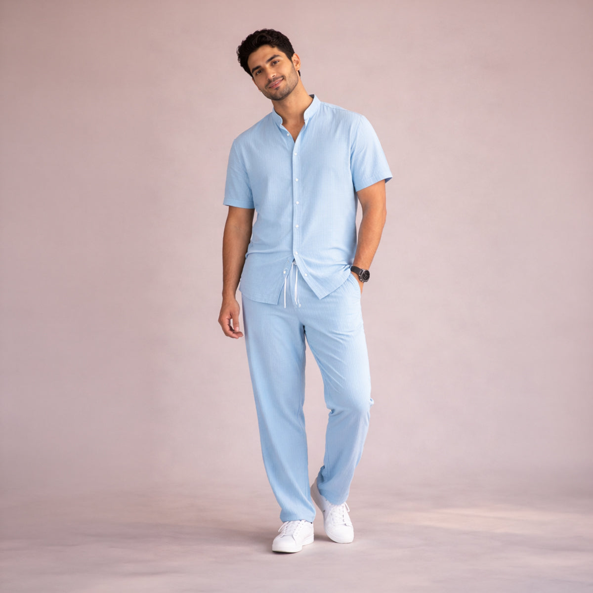 Men's Linen Summer Shirt Pants Set Soft Beige