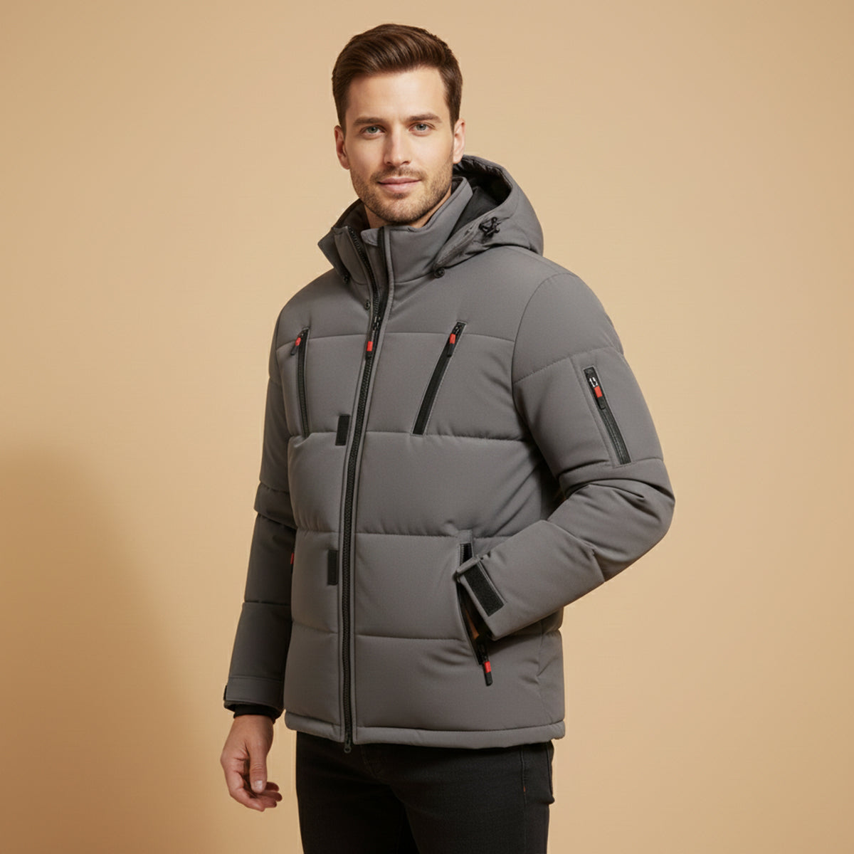 Men's Warm Puffer Coat Hooded Winter Zipper Pockets