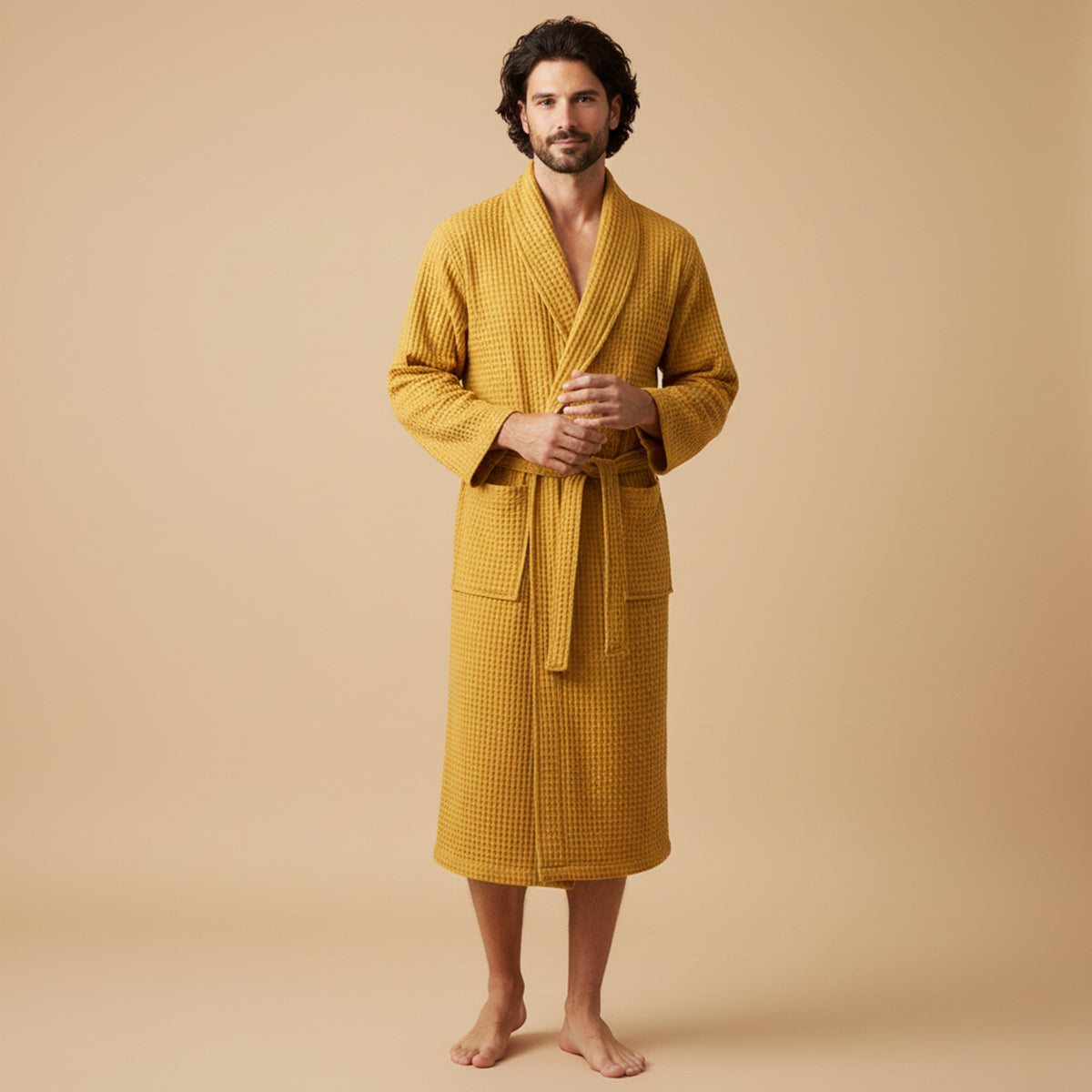 Men's Cotton Waffle Bathrobe Lightweight Beige
