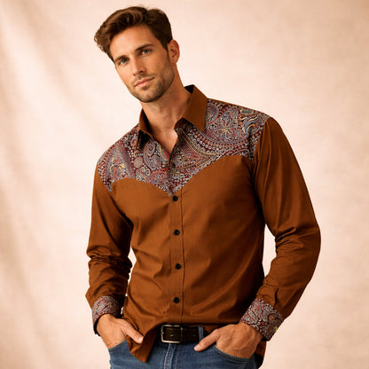 Men's Western Denim Shirt Two Tone Patchwork Lightweight Blue