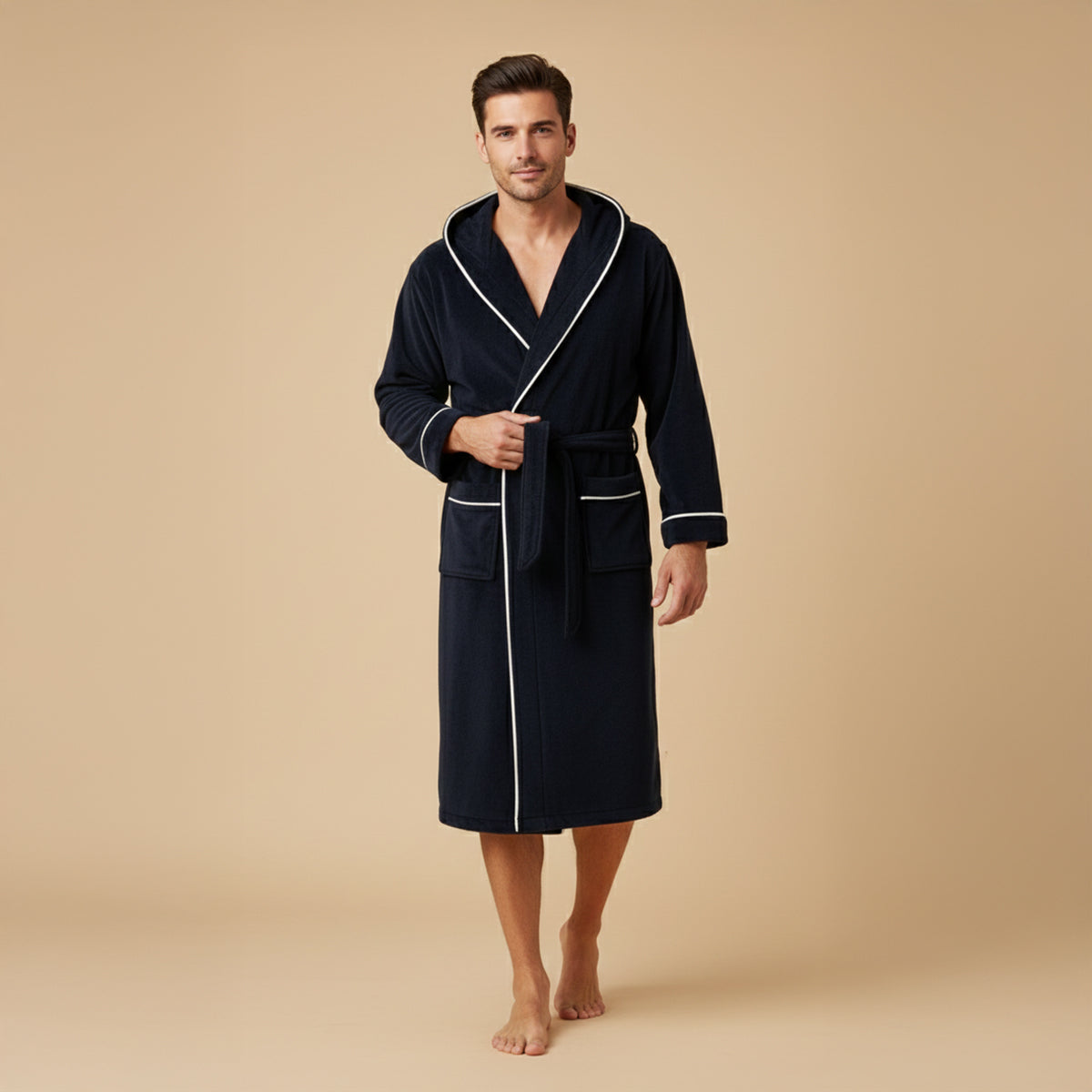 Men's Hooded Fleece Bathrobe With Belt