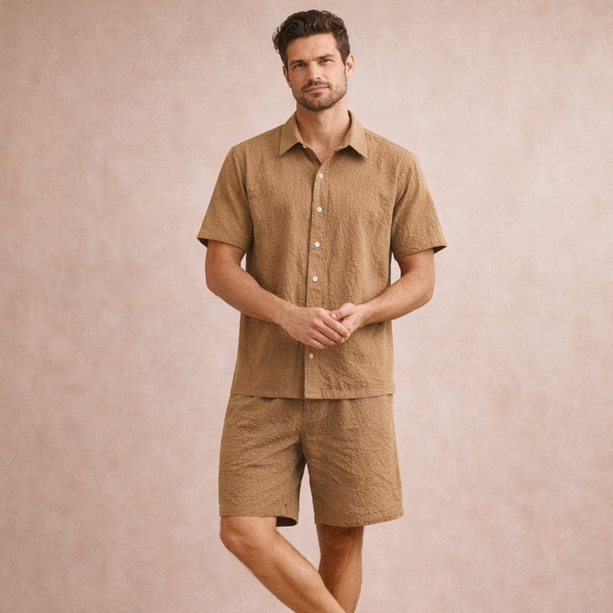 Men's Textured Summer Shirt And Shorts Set