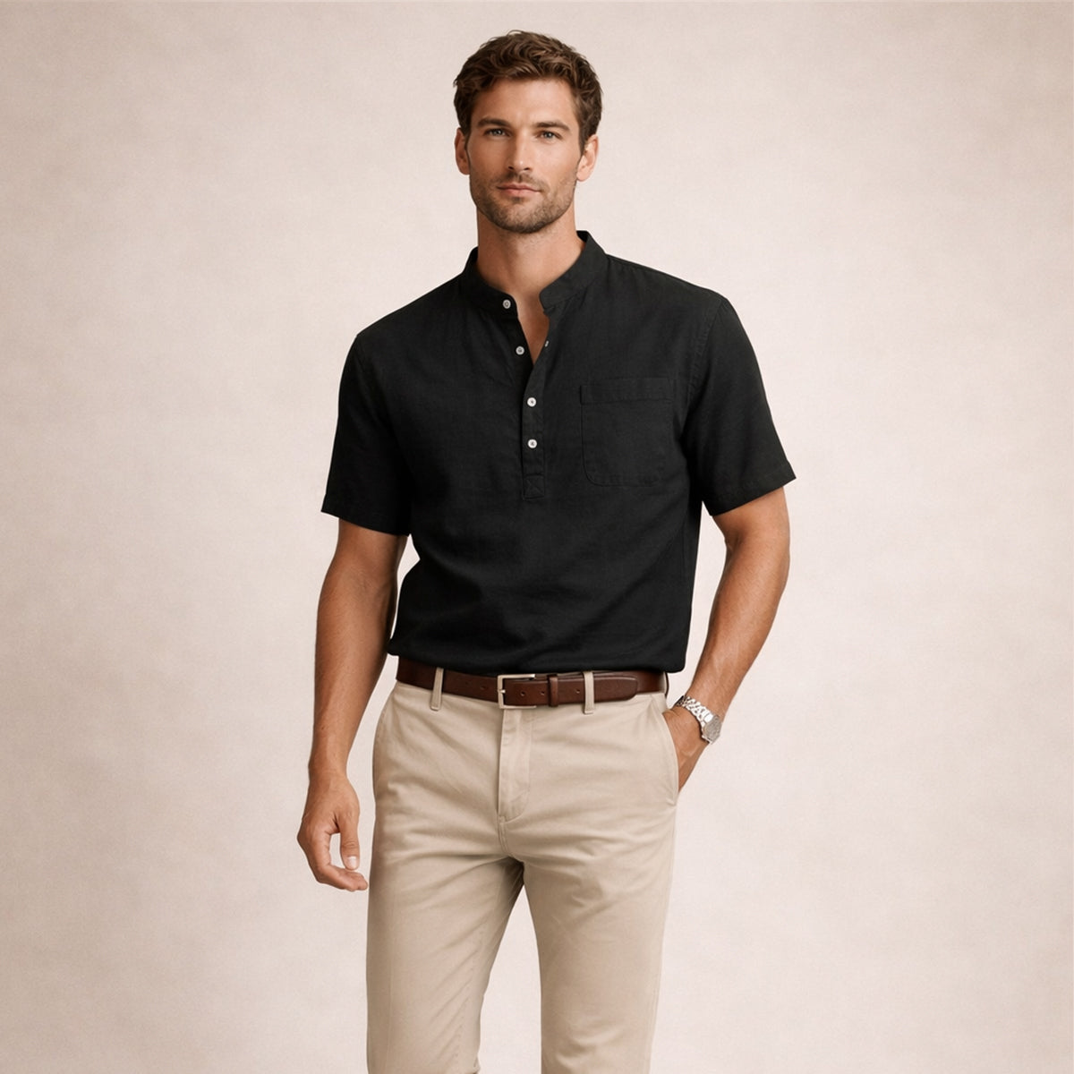 Men's Cotton Linen Henley Shirt Casual