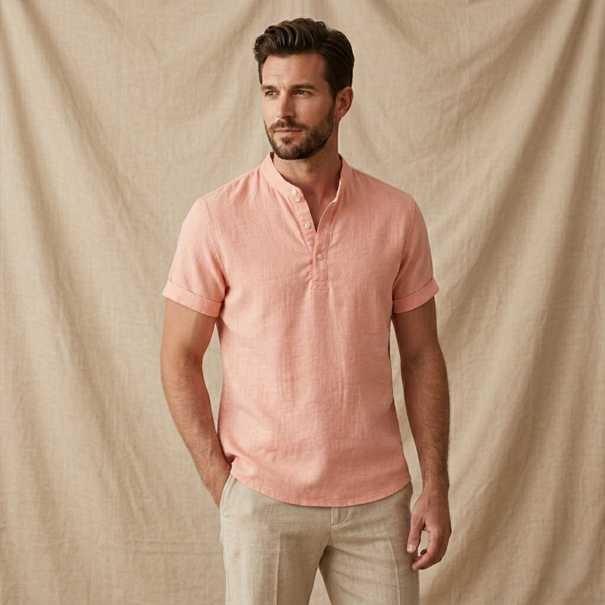 Men's Linen Casual Button Up Shirt Soft Light Blue