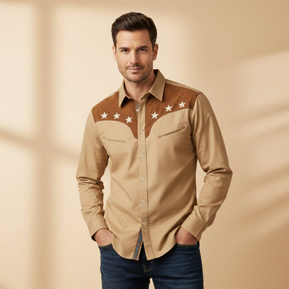 Men's Western Denim Shirt Two Tone Patchwork Blue
