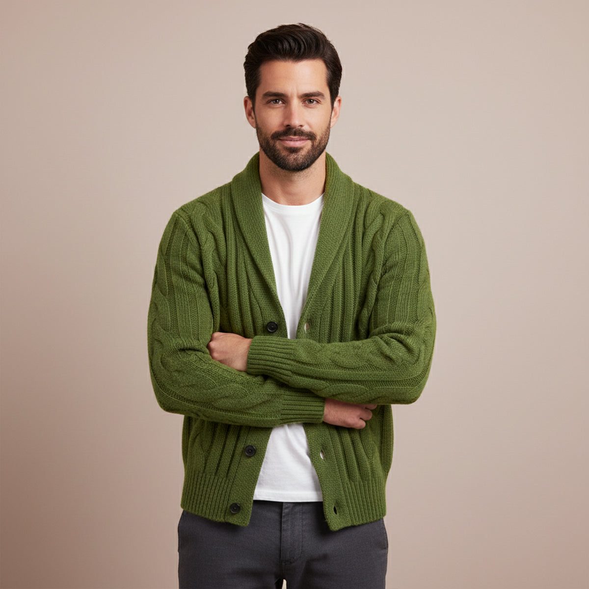 Men's Cable Knit Cardigan Shawl Collar Button Up