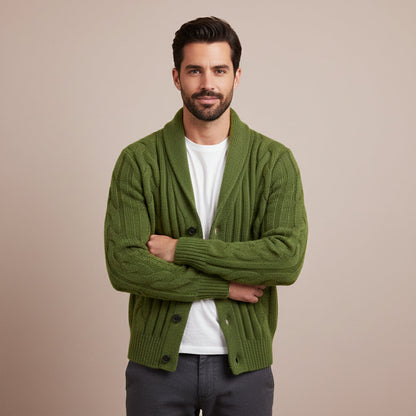 Men's Cable Knit Cardigan Shawl Collar Button Up