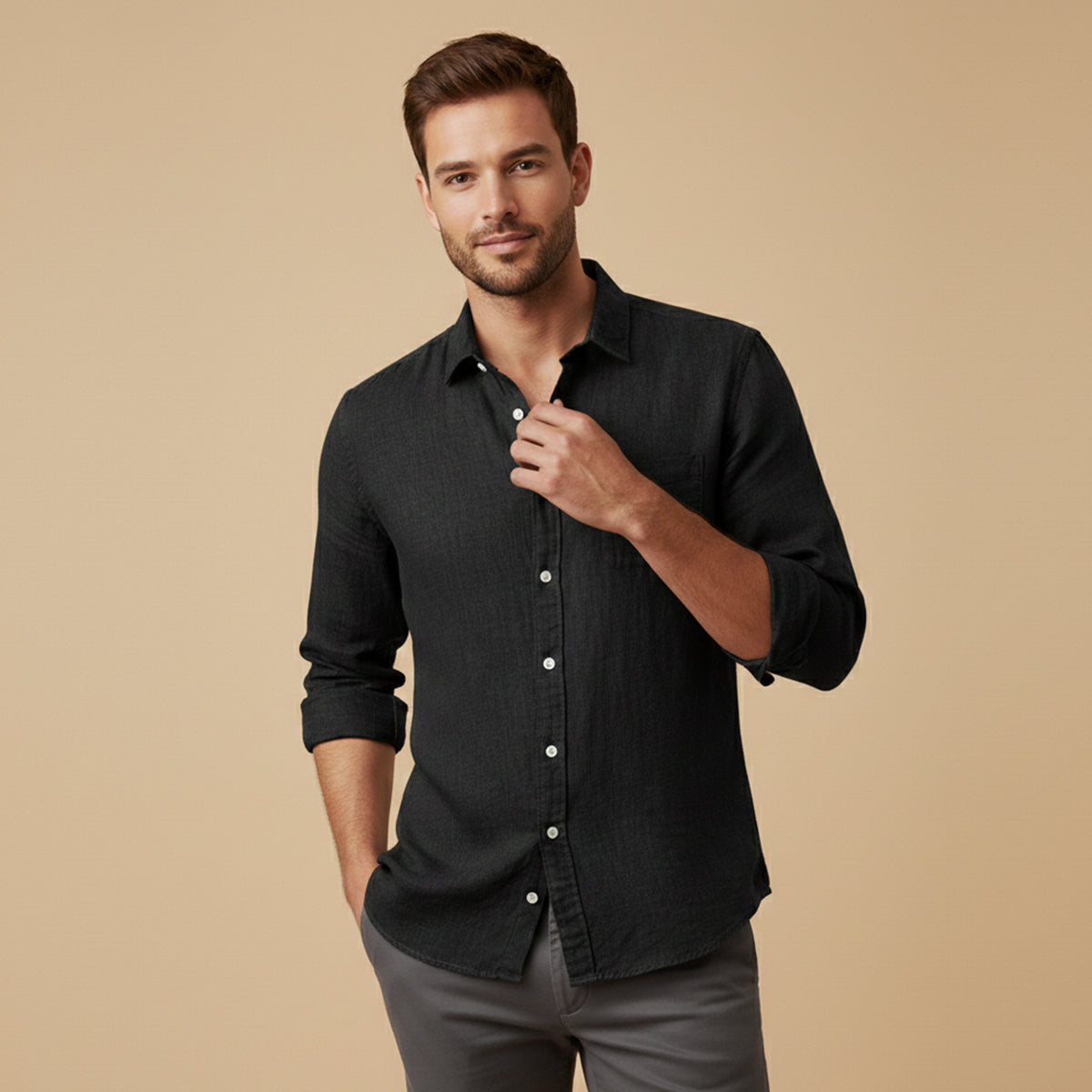 Men's Cotton Linen Shirt Lightweight Stand Collar