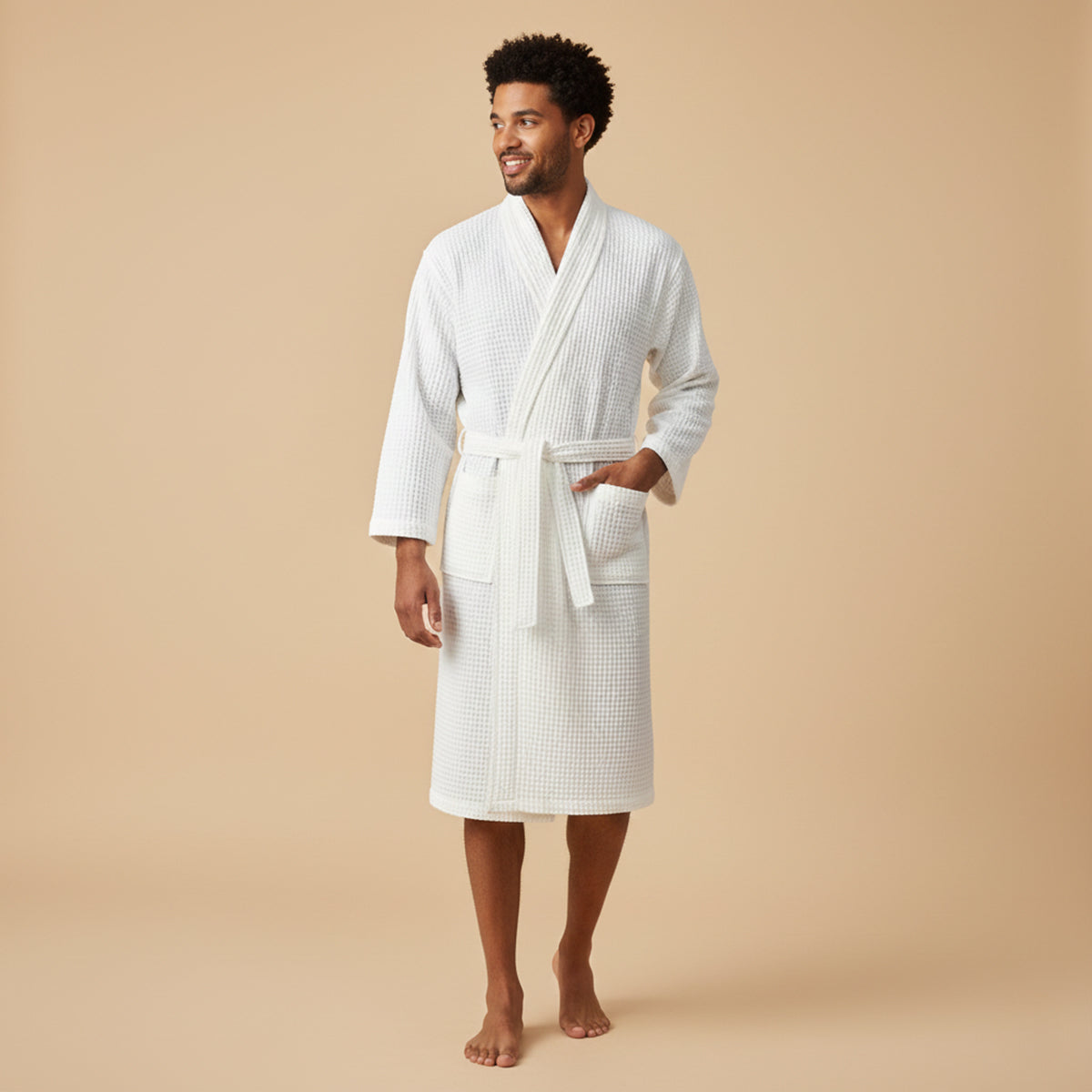 Men's Cotton Waffle Bathrobe Lightweight Beige