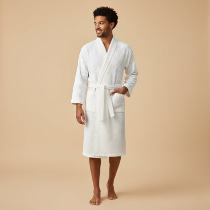 Men's Cotton Waffle Bathrobe Lightweight Beige