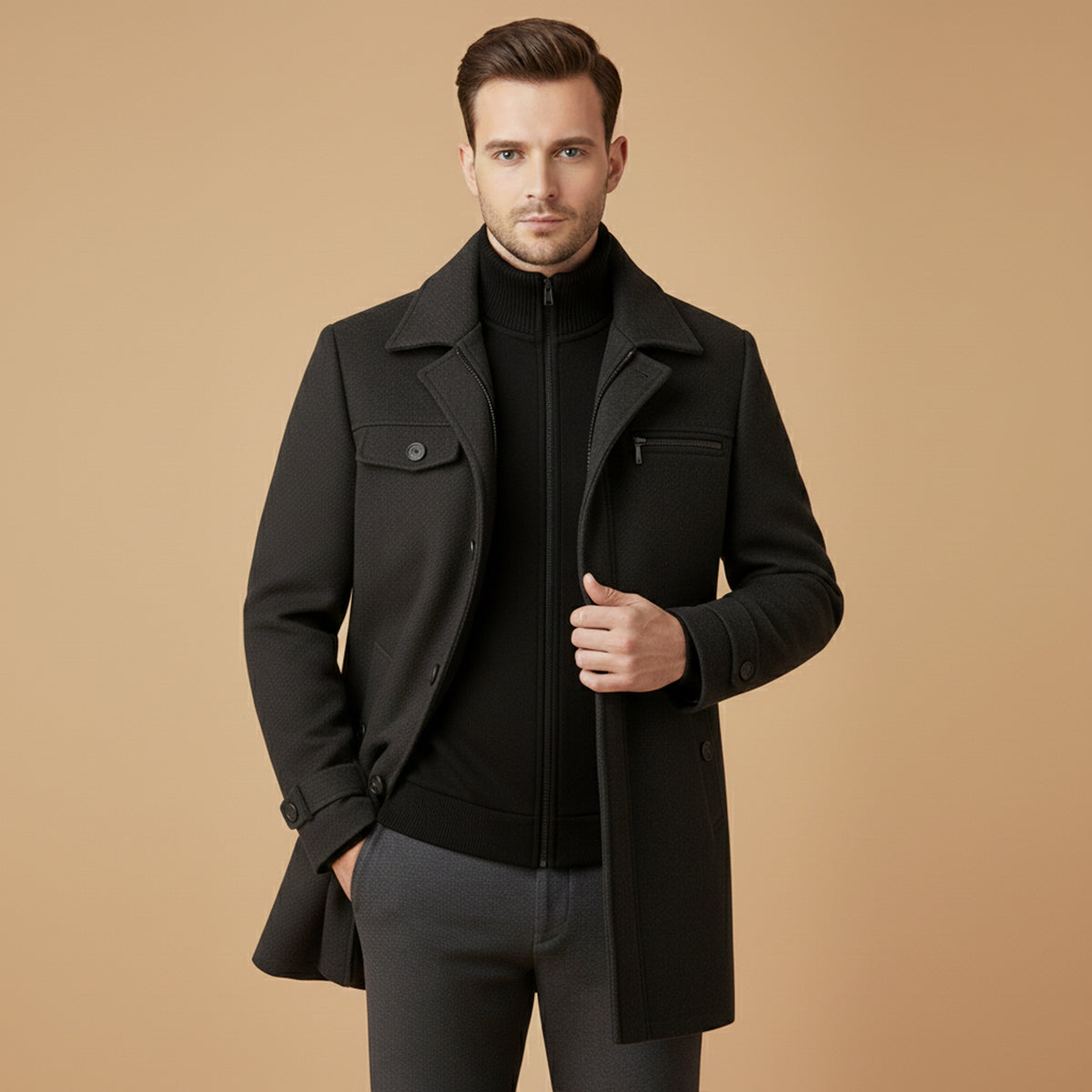 Men's Wool Blend Smart Jacket Zipper Button Closure