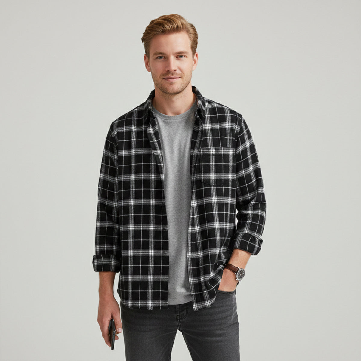 Men's Plaid Casual Shirt Loose Fit Retro Style