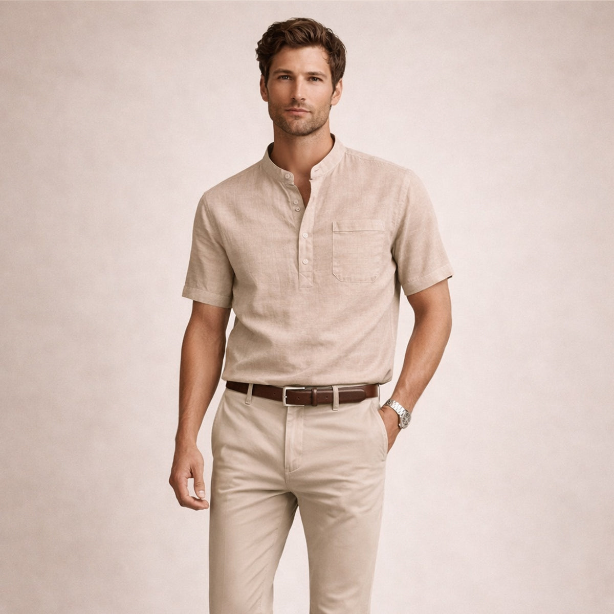 Men's Cotton Linen Henley Shirt Casual