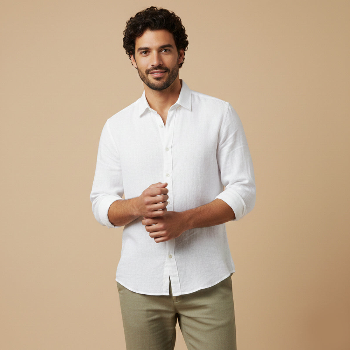 Men's Linen Blend Button Down Shirt Lightweight Beige