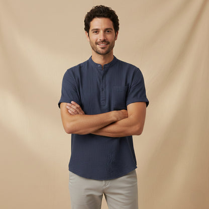 Men's Cotton Linen Henley Shirt Breathable