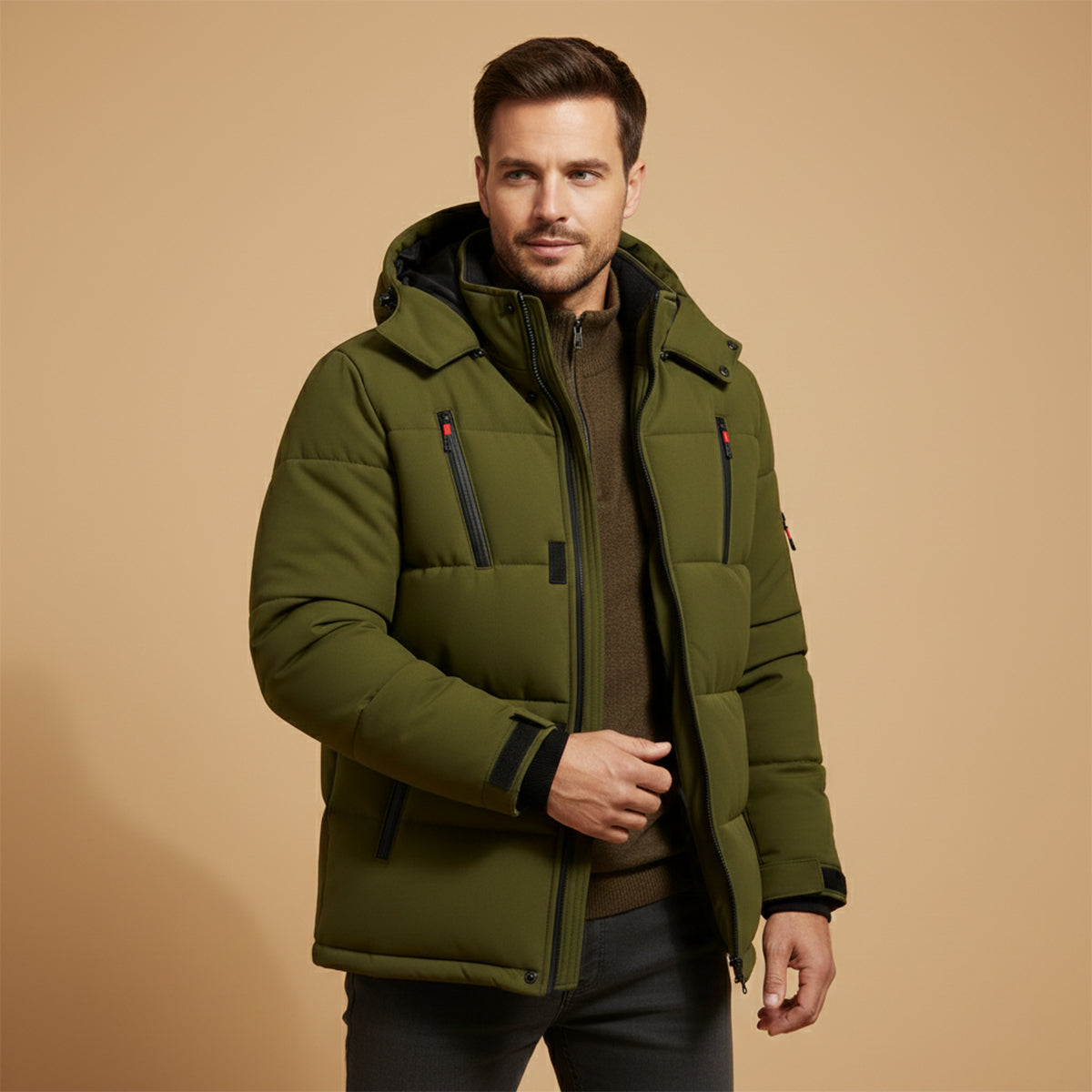 Men's Warm Puffer Coat Hooded Winter Zipper Pockets
