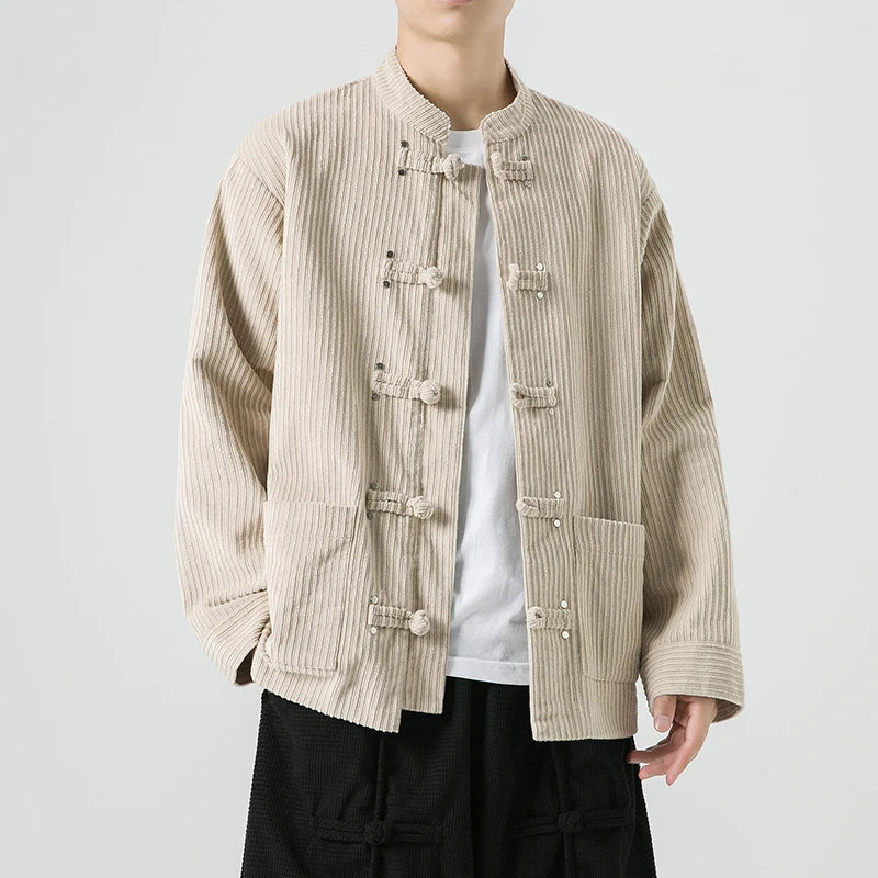 Men's Corduroy Jacket Mandarin Collar Brown - VibreMode