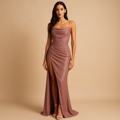 Women’s satin corset dress with high slit and fitted silhouette, perfect for weddings, galas, and elegant evening occasions.