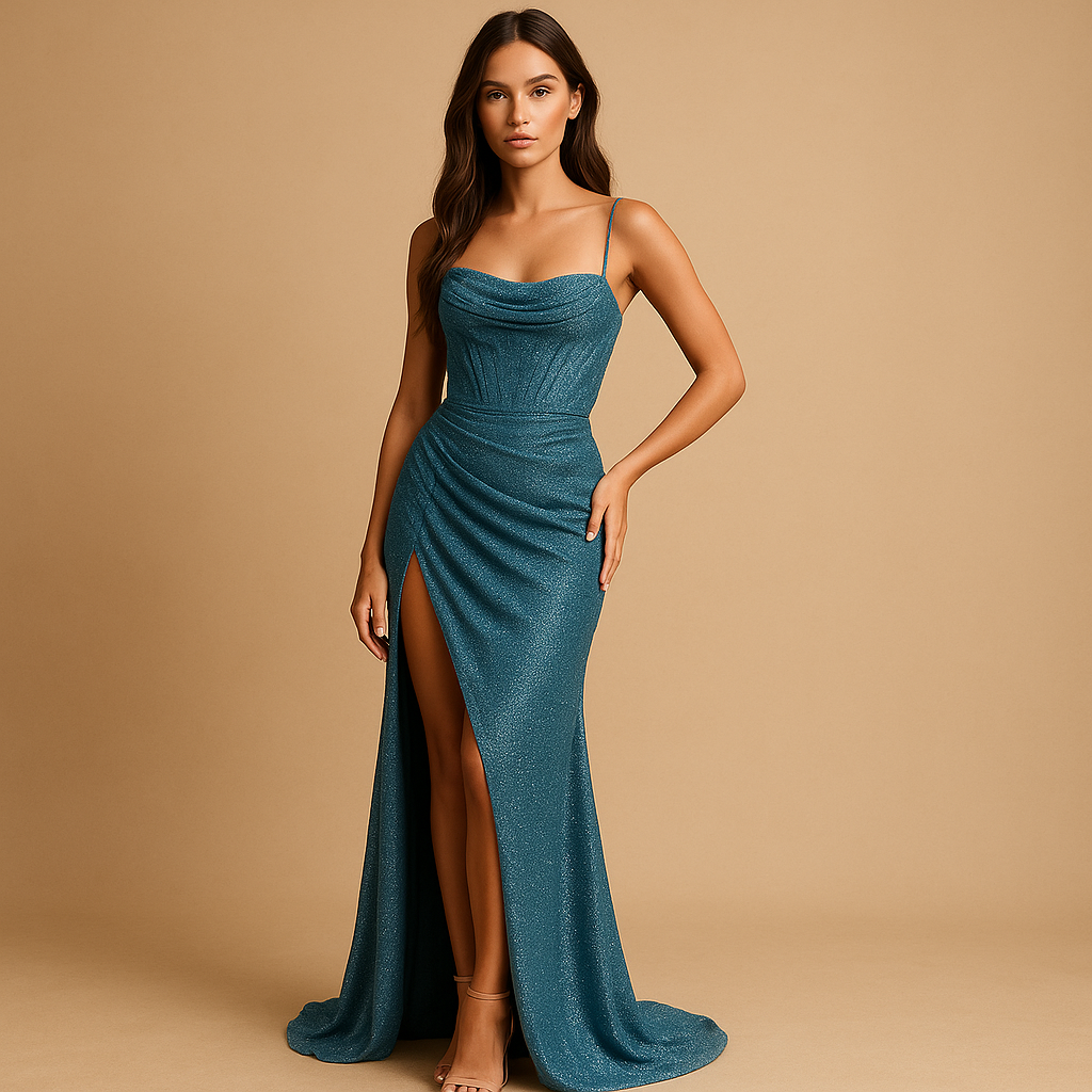 Women’s satin corset dress with high slit and fitted silhouette, perfect for weddings, galas, and elegant evening occasions.