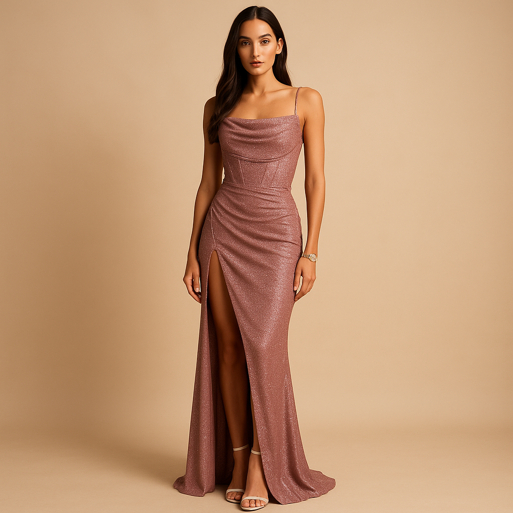 Women’s satin corset dress with a structured bodice and high slit, perfect for weddings, galas, and formal evening events.