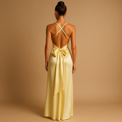 Women’s satin halter neck evening dress with fitted bodice and elegant maxi length, perfect for weddings, gala events and formal occasions.