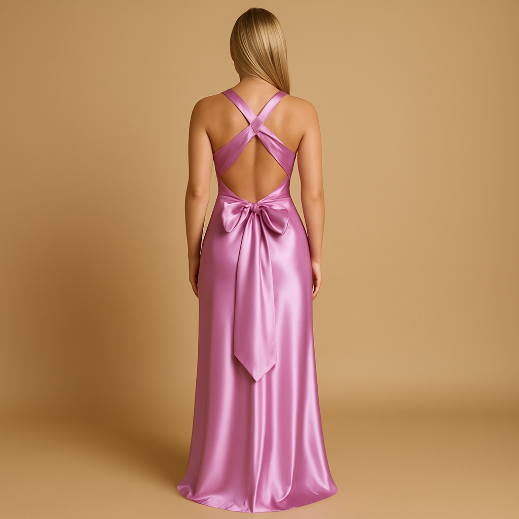 Women’s satin halter neck evening dress with fitted bodice and elegant maxi length, perfect for weddings, gala events and formal occasions.