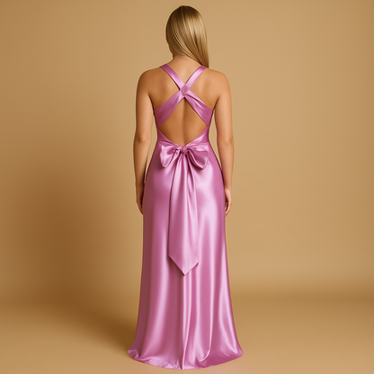 Women’s satin halter neck evening dress with fitted bodice and elegant maxi length, perfect for weddings, gala events and formal occasions.