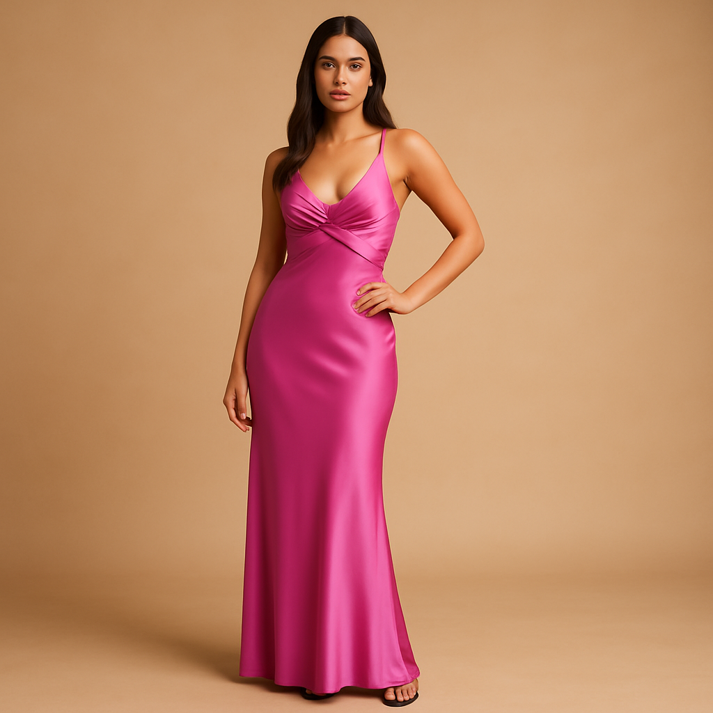 Women’s satin halter neck evening dress with fitted bodice and elegant maxi length, perfect for weddings, gala events and formal occasions.