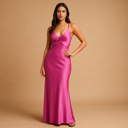 Women’s satin halter neck evening dress with fitted bodice and elegant maxi length, perfect for weddings, gala events and formal occasions.