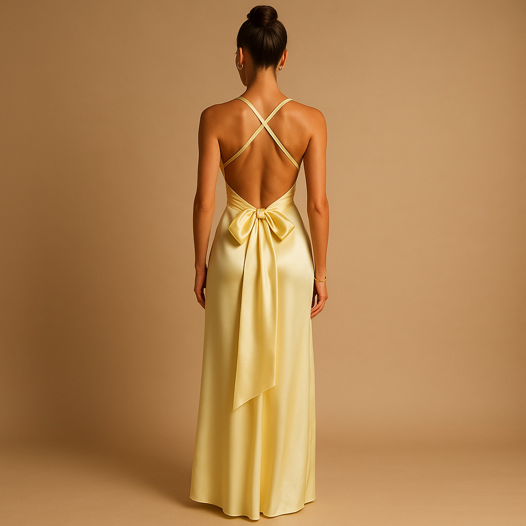Women’s satin halter neck evening dress with a fitted silhouette, perfect for weddings, formal events, and elegant evening occasions.