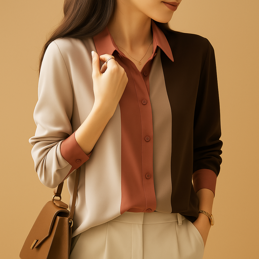 Women’s satin patchwork stripe blouse with a classic collar and loose fit, ideal for fall outfits, workwear, and elegant casual looks.