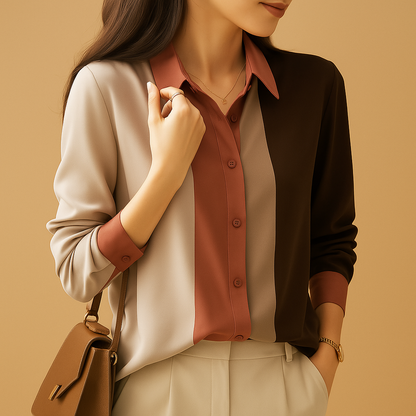Women’s satin patchwork stripe blouse with a classic collar and loose fit, ideal for fall outfits, workwear, and elegant casual looks.